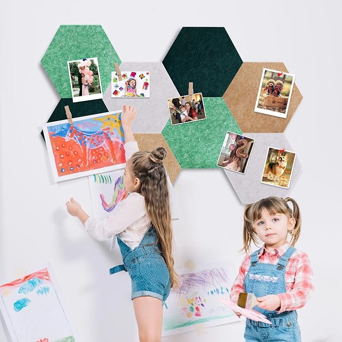 Vuzvuv 8 Pcs Hexagon Bulletin Board with 50 Pushpins & 10 Wooden Clip Pins Adhesive Cork Board for Wall，Felt Pin Board for School，Office Decor（Green Brown）