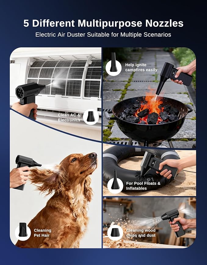 PECODE Compressed Air Duster - Rechargeable Electric Air Blower for Keyboard,Camera,PC Vents,Car Interiors & Home,Outdoor Dusting - 280,000 RPM,5 Nozzles,4 Speeds,Fast Charging