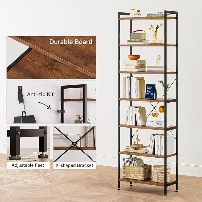 Casaottima Book Shelf, 7 Tier Tall Bookshelf, Modern Wood Bookcase Shelves for Bedroom, Industrial Display Shelf for Living Room Home Office Kitchen, Standing Shelving Unit Storage Organizer, Vintage