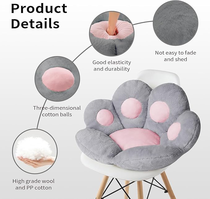 Ditucu Cat Paw Cushion Kawaii Chair Cushions 27.5 x 23.6 inch Cute Stuff Seat Pad Comfy Lazy Sofa Office Floor Pillow for Gaming Chairs Room Decor Grey