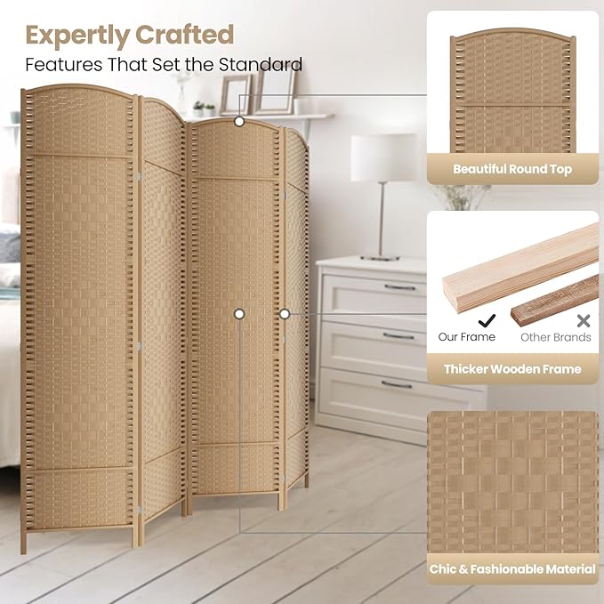 Cocosica 6 ft. Tall Room Divider and Folding Privacy Screen, Weave Fiber Foldable Panel Wall Divider with Diamond Pattern Weaved & 4 Panel Room Screen Divider Separator, Freestanding Room Divider