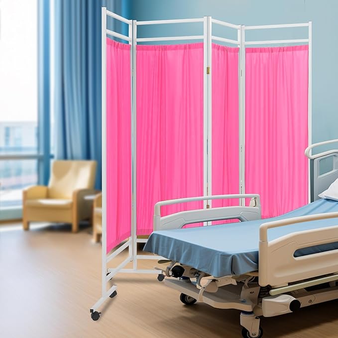 Medical Privacy Screens, Waterproof Nylon Fabric, 78.7 * 70.9 in Foldable Rolling Medical Privacy Screen with Silent Wheels, Suit for Hospitals, Clinics, and Nursing Homes (Pink, 4 Panels)