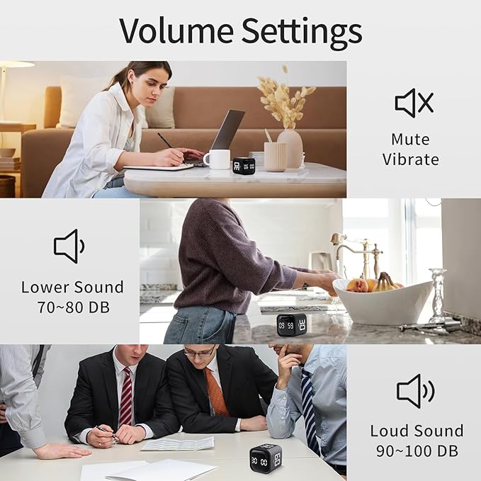 Productivity Timer Flip Gravity Sensor Cube Timer Countdown & Countup,Mute & Vibrate & Sound，5/10/30/60min & Custom Timing, Perfect for ADHD,Work,Learning,Kitchen Cooking (2 Black)