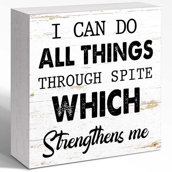 WUZYOU I Can Do All Things Through Desk Sign Wood Block Decor, Inspirational Office Wood Box Sign, Motivational Desk Accessories for Women Office Shelf 5x5x1 INCH