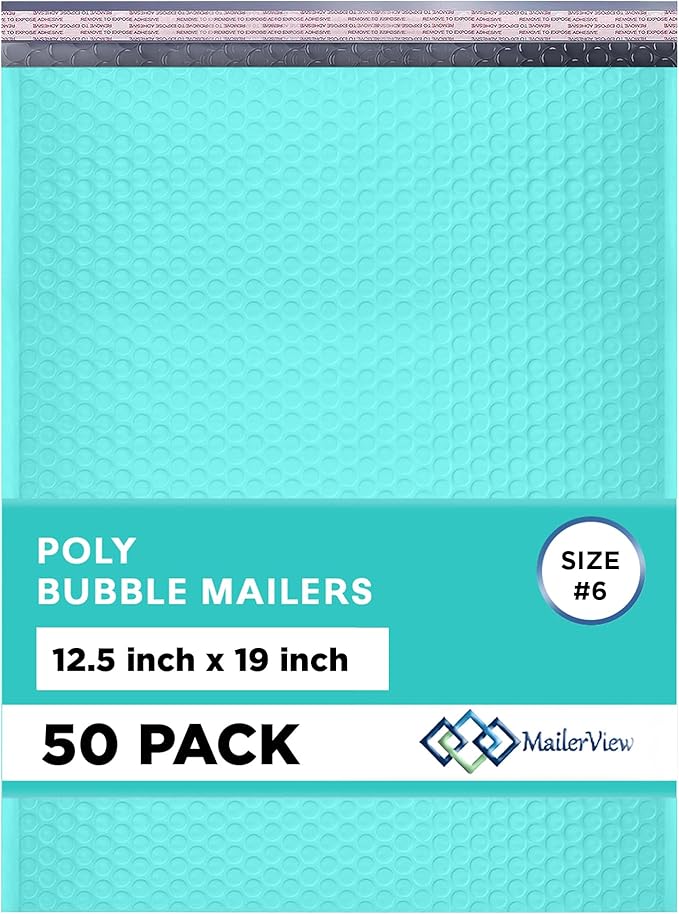Teal 12.5x19.5 Inch Large Poly Bubble Mailers #6 | Padded Envelopes with Self Seal | Air Lined Cushioned Bubble Mailer | Usable Size 12.5x15 | 50 Pack Bulk | Lightweight shipping Bags