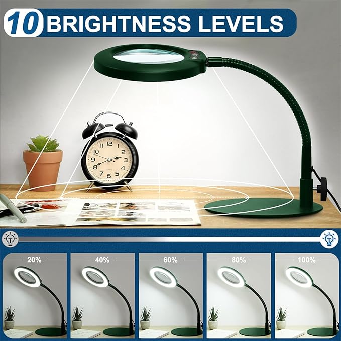 IVMAIE 10X Magnifying Glass with Light, Real Glass Lens, 5 Color Modes Dimmable, Flexible Gooseneck Lighted Magnifier with Stand, LED Desk Lamp Hands Free for Crafts Painting Reading Close Work, Green