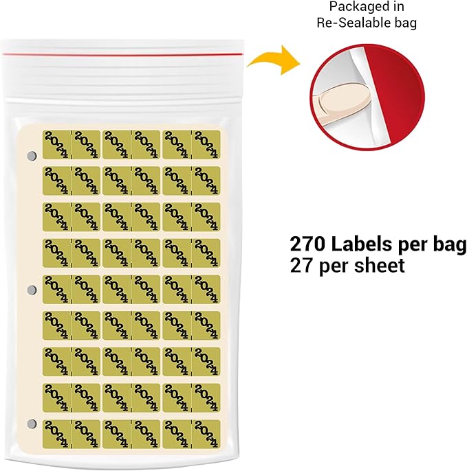2024 Year Labels, Doctor Stuff 2024 Chart Stickers, Ringbook Sheets, Gold/Black Color Coded, Jeter Style, USA Made Year Stickers for End Tab File Folders, 270/Package, 3/4" x 1-1/2"