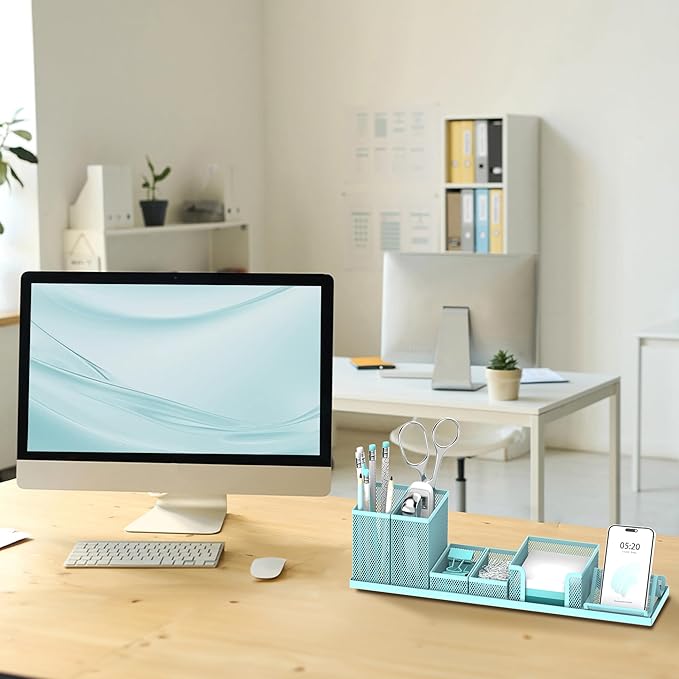 SUPEASY Pen Holder for Desk, 6 Piece Mesh Desk Organizer set for Office Organization with Mail Organizer, Letter Phone Holder, Sticky Notes Caddy Storage, Blue