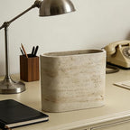 Natural Travertine Textures Mini Trash Can, Small Counter Rectangle Trash Can for Bathroom Kitchen Table Desk, Tiny Waste Basket for Vanity - Silicone Pad Anti Scratch, Non-Slip (Made of Resin)