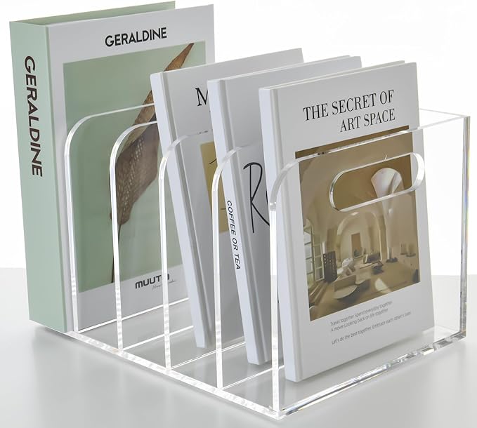 AIMOLLY Clear Acrylic Organizers - 5 Vertical Compartments Acrylic Folder Organizer & File Organizer, Desk Document Storage Bins for Magazines, Binders - Multipurpose Home Office Desk Organizer