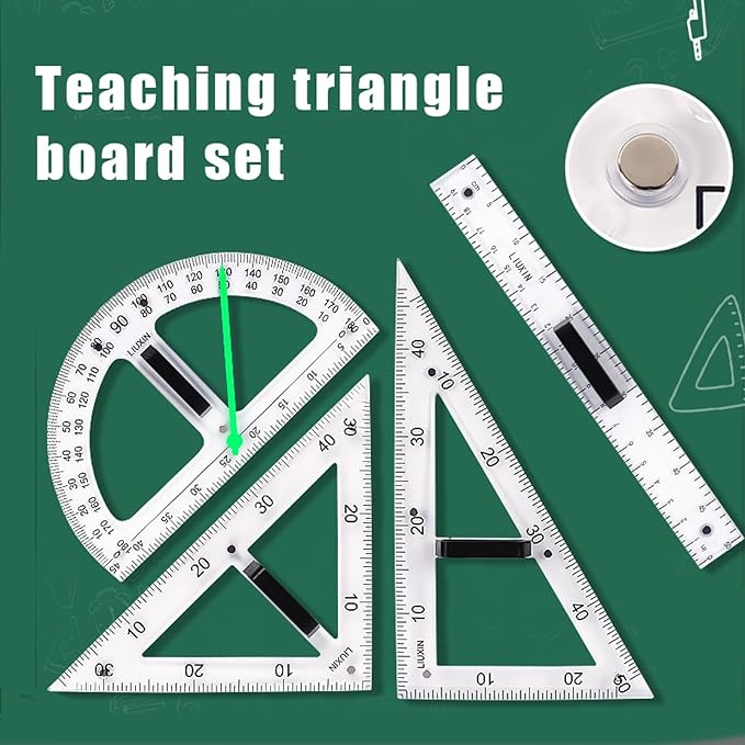 Magnetic Geometry Tool, Protractor, Triangle Rulers Easy Attachment Blackboard Measurement Kit, Teacher Board Protractor Multi-Purpose Kit Large (Transparent-3pc)
