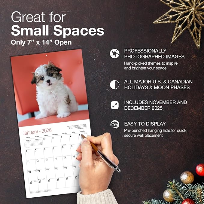 MICASA PRESS Shih Tzu Puppies 2026 Mini Wall Calendar 12 Month | 7" x 14" Open | Thick & Sturdy Paper | Holiday Gift | Cute Puppy Dog Calendar 2026