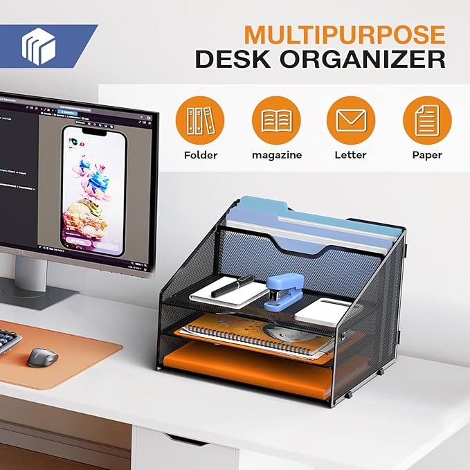 GAWERK Letter Tray Organizer, Mesh Desk File Organizer with 3 Paper Trays and 2 Vertical Upright Section (White)
