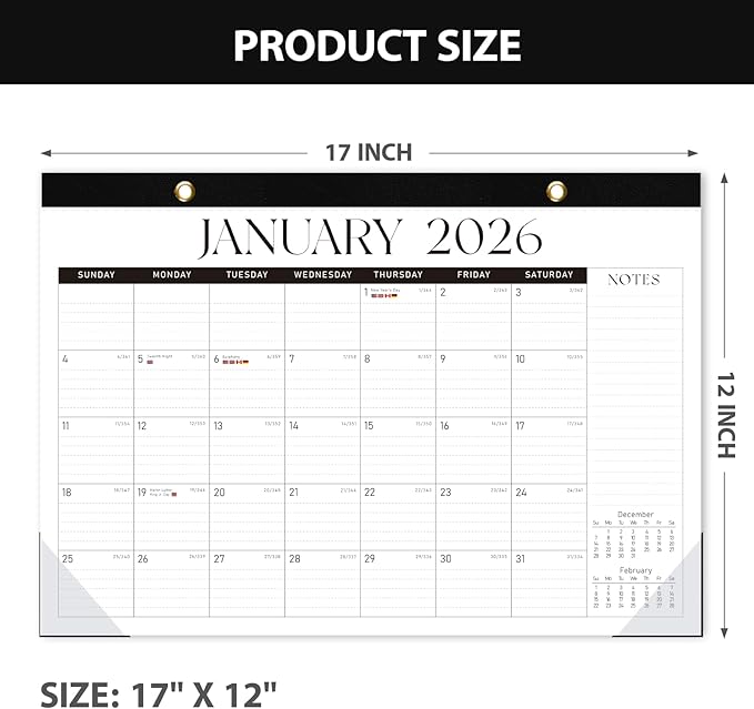 2026 Desk Calendar, 18 Monthly Calendar Runs from January 2026 to June 2027, Large 17" X 12" Desktop/Wall Calendars Easy Scheduling & Notes, Ideal for School, Home and Office - Classic Black