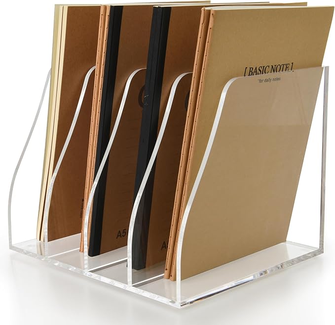 AIMOLLY Acrylic Magazine File Holder, 4 Vertical Compartments Desk Document Sorter Organizer, Clear Folder Rack Binder for Office/Home/Classroom, for Documents, Tablet, Magazines, Books & Accessories