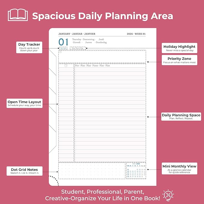 IN-luxpro Daily Planner 2026 with One Page Per Day,(A5-8.5" x 5.9"),12 Months Calendar Hourly Appointment Book Monthly Tabs & Self-adhesive Pen Holder,Inner Pocket, Vegan Leather Hardback,Rose Red