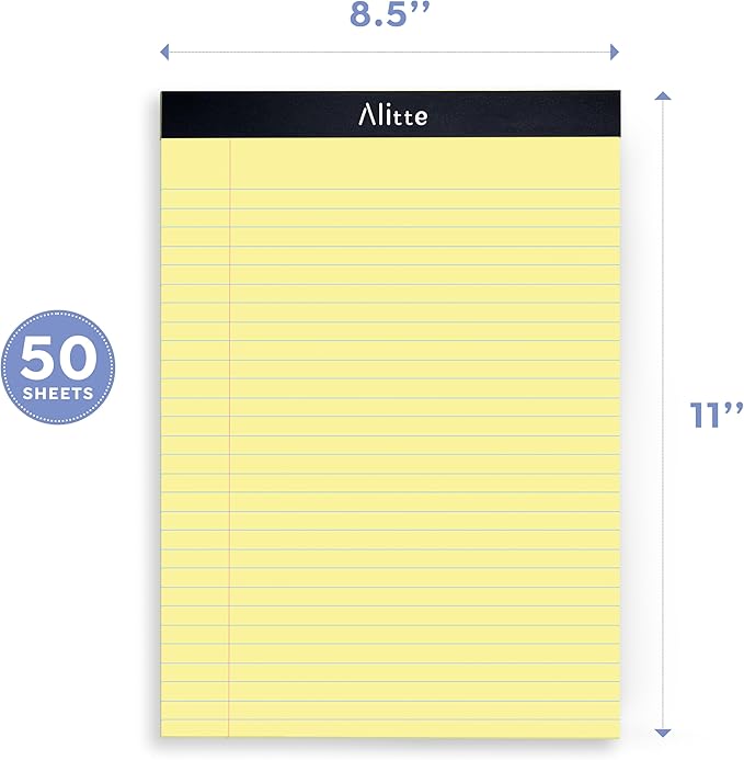 Alitte Yellow Legal Notepads 8.5 x 11, Pack of 3 - Perforated Wide Ruled Writing Pad - Premium Thick Paper, No Ink Bleeding - Blank Legal Pads For Home, Office, School, Business - 50 Sheets Per