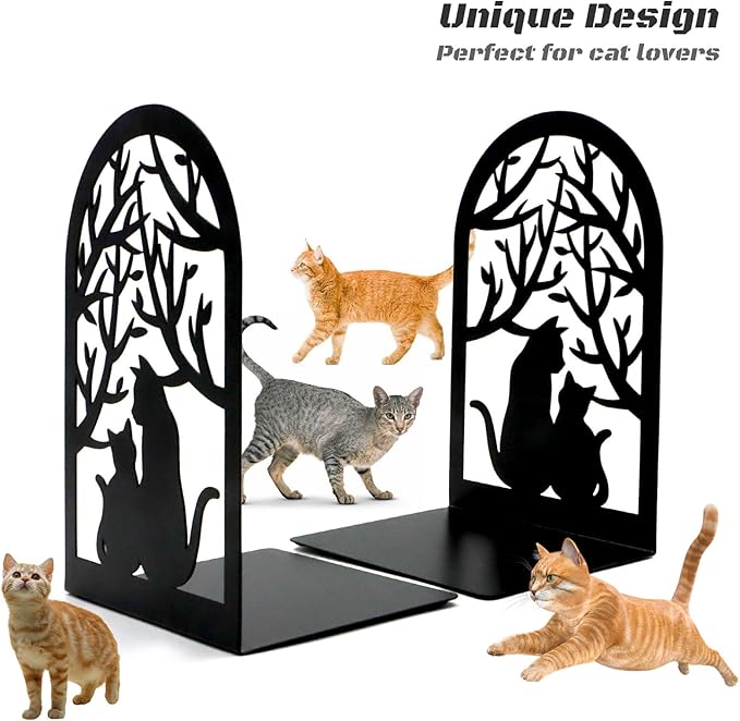 Book Ends, Bookends, Metal Bookend, Cat Decorative Bookends, Bookends for Shelves, Home Decorative Bookends for Heavy Books, Black Non-Skid Book Stopper, 7 x 4.7 x 4 inch (2 Pair)
