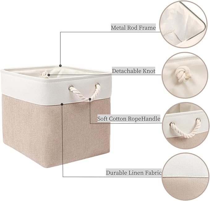 Mangata Canvas Storage Boxes, 13 Inch Cube Storage Bins Set of 6, Fabric Baskets with Cotton Rope Handle for Organizing Clothes Nursery Home (Khaki/White)