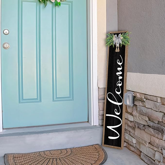LuZhiQiang Front Porch for Welcome Standing Sign 45"X9" Vertical Tall Long Leaner Wood Framed Outdoor Front Door Sign Decor (Wood Black)