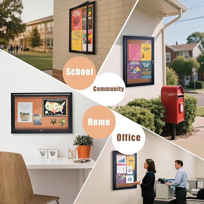 Homezelle Enclosed Cork Bulletin Board 36"x24" Outdoor Weatherproof Cork Noticeboard with Locking Door Wall-Mounted Black Aluminium Frame for Home, School, Office, Community, Hospital