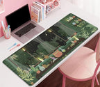 Black Cat Mouse Pad Green Plants Desk Mat Pad Anime Large Gaming Cartoon Cute Mouse Pad,Stitched Edges Non-Slip Waterproof Rubber Base Mous Mat for Office Home Work Gaming(27.5X11.8 in)