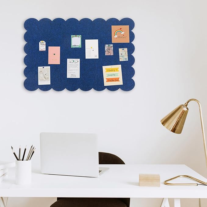 Mooliwe Scalloped Felt Bulletin Board 36 x 24 Inches Foldable Dark Blue Pin Cork Board Alternative for Wall, 3' x 2' Trifold Picture Vision Self Adhesive Bulletin Decorative