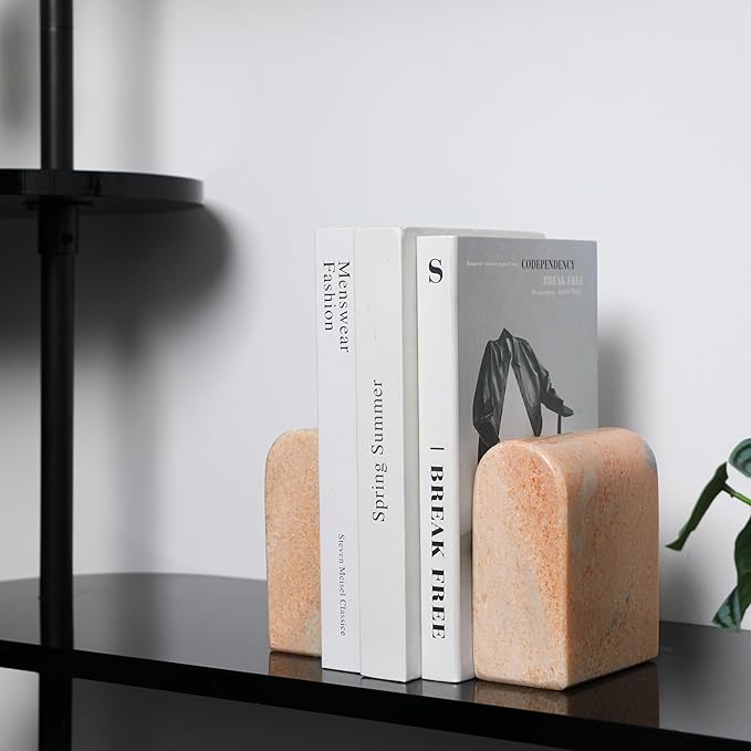 Faticdorr Luxury Marble Bookends for Shelves, 13LB Heavy Duty Marble Book Ends for Heavy Books, Stone Bookends Decorative, Polished, Orange Arch, Set of 2
