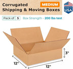 Medium Moving & Shipping Boxes 12 x 12 x 3 inches (5-Pack) - Extra Strength 200 lb vs Regular - Corrugated Durable Boxes for Packaging - Shipping Box Medium - Heavy Duty Box by IDL Packaging