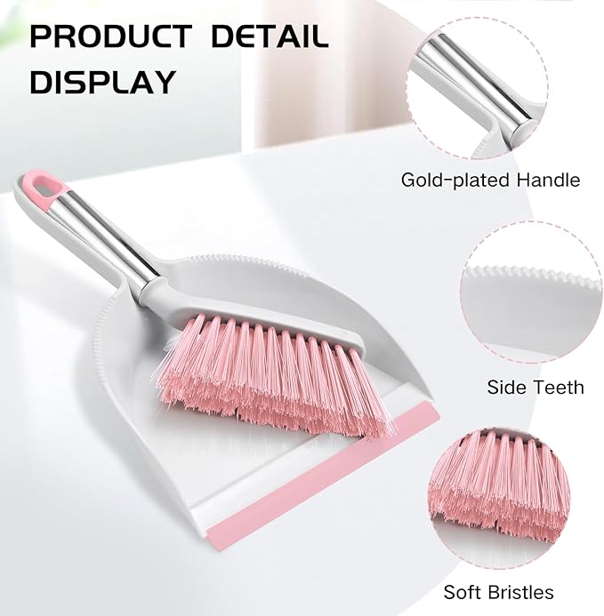 NACENA Mini Broom and Dustpan Set, Small Dust Pan and Brush Set with Handle Dustpan Teeth for Cleaning Hair Suitable for Office Desks Drawers Sofas Outdoor Camping, Pink