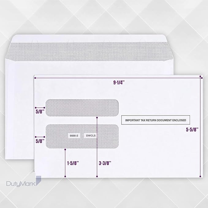 50 W2 Envelopes Self-Seal For W2 2-Up IRS Tax Forms W2 Double Window Security Envelopes For QuickBooks Online, Desktop, ADP and Other Software W2 Forms, Pack of 50 Envelopes