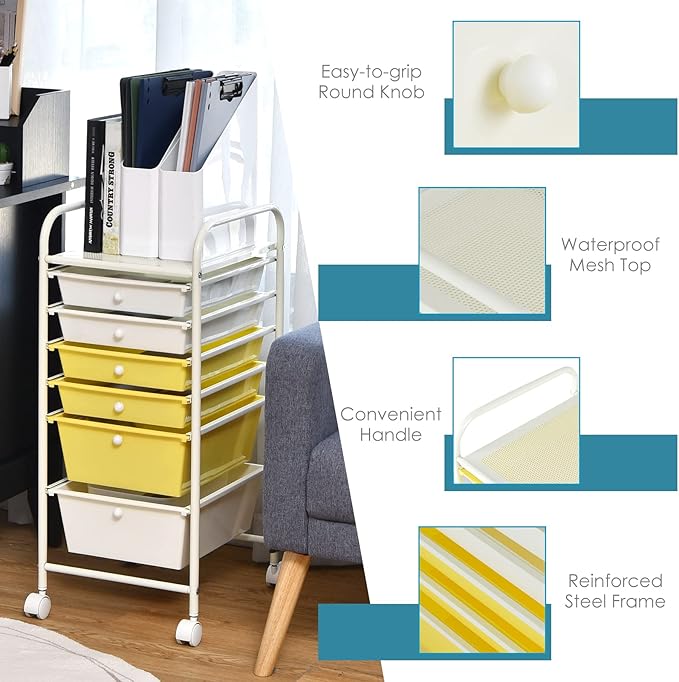 Giantex 6 Storage Drawer Cart Rolling Organizer Cart for Tools Scrapbook Paper Home Office School Multipurpose Mobile Utility Cart (Beige & Yellow)