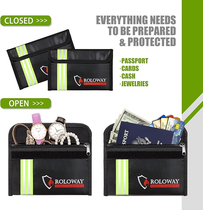 ROLOWAY Small Fireproof Bag (5 x 8 inches) with Reflective Strip, Non-Itchy Fireproof Money Bag, Fireproof Wallet Bag, Cash Fireproof Bag Set for Valuables - Passport, Currency & Keys (2-Pack Black)