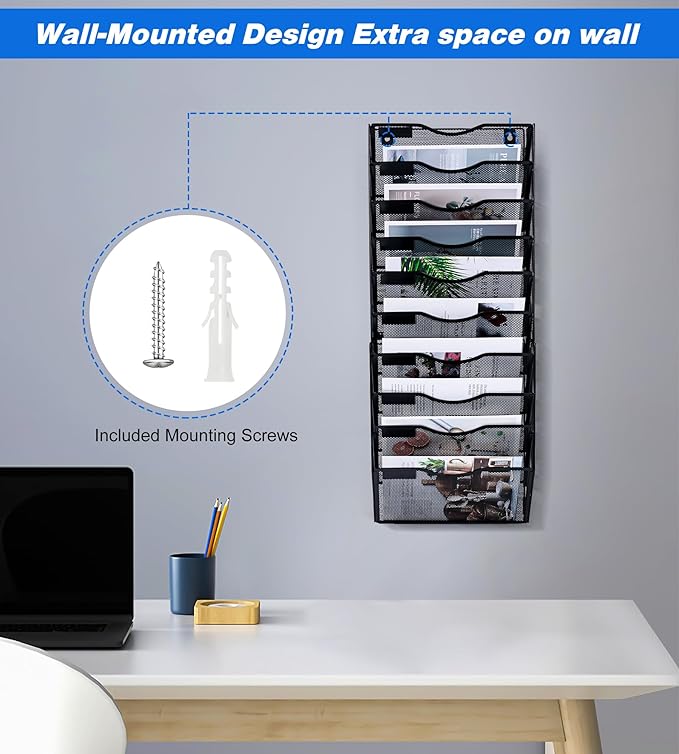 Solinxe Wall File Holder, 10 Pockets Hanging File Folder, Paper Organizer Storage, Document Rack, Mail Holder, Magazine Rack, Wall Organizer for Office, Black