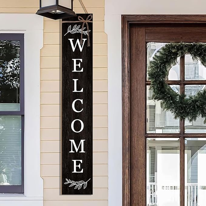 Welcome Porch Sign Decor Wooden Hanging Sign Door Porch Standing Decorative Signs Plaques for Front Door Farmhouse Outdoor Indoor Welcome Sign 47.2"H（black）