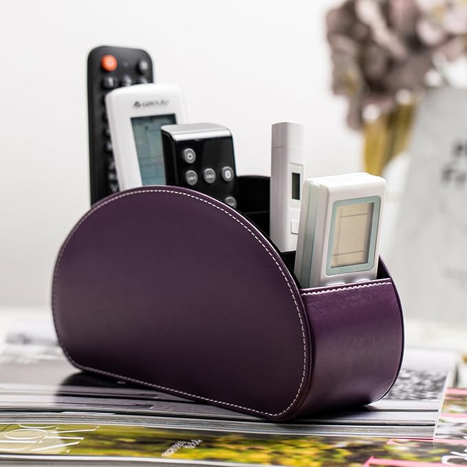 Remote Control Holders Organizer Box with 5 Compartment PU Leather Multi-functional Office Desk Storage Caddy Store Tv Remote for Media Player,Brush,Pencil,Glassees&Office Supplies (Dark purple)