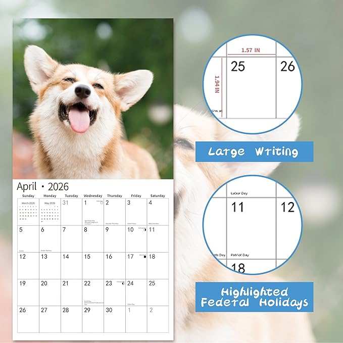 2026 Wall Calendar, November 2025 - December 2026, Wall Calendar Corgis, 12" x 24" Opened,Full Page Months Thick & Sturdy Paper for Calendar Organizing & Planning