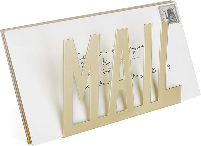 MyGift Mail Holder Organizer Countertop Modern Brass Metal with Cutout MAIL Lettering Design, Office Desktop Envelope and Document Storage Rack
