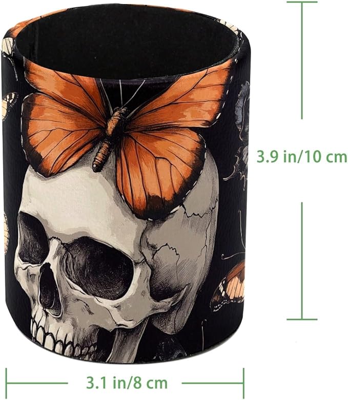 Leather Pen Holder for Desk, Butterfly Skull Pencil Cup Desktop Organizer Makeup Brush Holders Office Supplies for Home, Kids & School