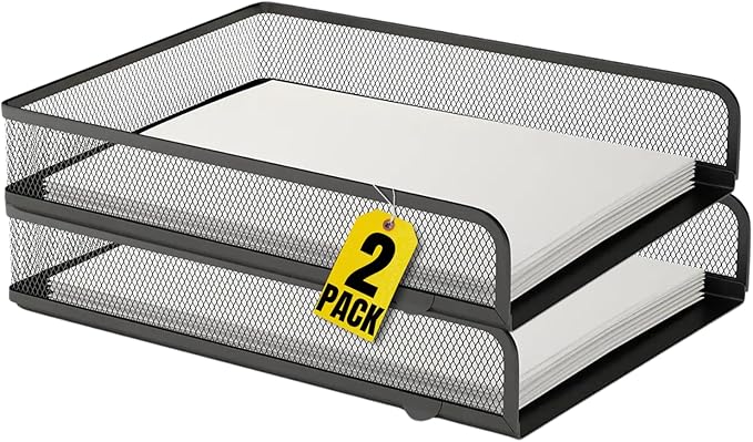 1InTheOffice Letter Trays for Desk Stackable, Front-Load Mesh Desk Tray Organizer, Black, 2 Pack