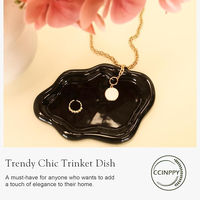 CCINPPY Ceramic Jewelry Tray Trinket Dish, Decorative Cloud Vanity Key Tray for Women, Ring Holder Dish, Cute Jewelry Plate Bowl Room Decor Aesthetic, Black, Medium