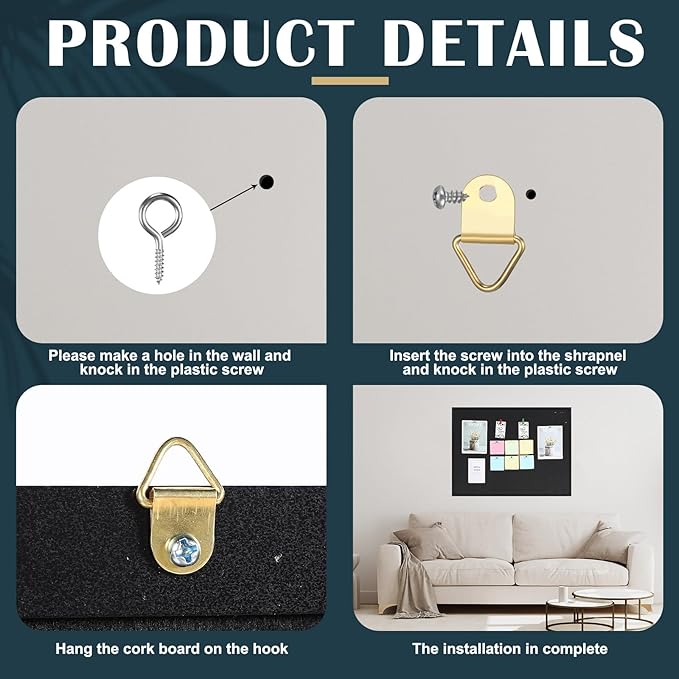 Teling 36" x 24" Cork Board Large Wood Framed Cork Bulletin Board with Pins Eye Bolts Screws Notice Pin Hook for Home School Office Walls(Black Frame)