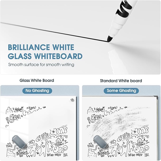 MaxGear Glass Whiteboard Tempered Magnetic Dry Erase Board 48 x 36 Inch Ultra White, Frameless Wall Mounted, Office Classroom Conference Room Home Use, Includes Markers, Eraser, Magnets & Mounting Kit