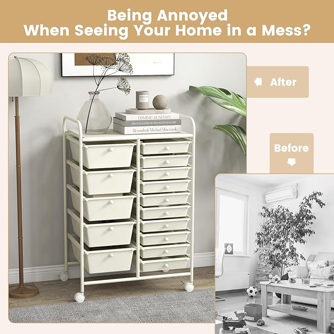 LDAILY 15 Drawer Rolling Storage Cart, Rolling Cart with Drawers for Classroom, Art Supply Craft Organizer on Wheel with Metal Frame & Handles for Home Office School