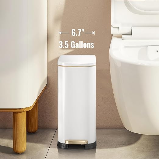 SYNCVIBE Bathroom Trash Can with Soft-Close Lid 3.5 Gallon Stainless Steel Garbage Can with Removable Inner Bucket Slim Trash Bins for Bedroom, Office(Matte White)