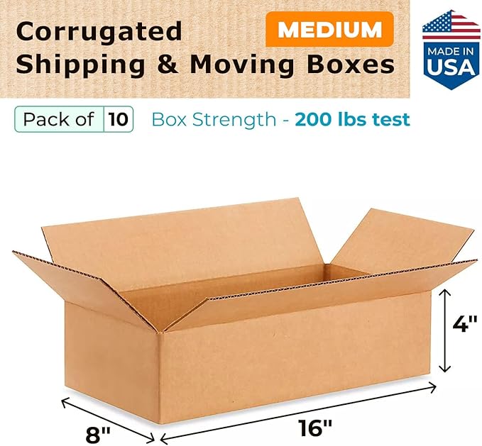 IDL Packaging - B-1684-10 Small Corrugated Shipping Boxes 16"L x 8”W x 4"H (Pack of 10) - Quality Choice of Sturdy Packing Boxes for USPS, UPS, FedEx Shipping