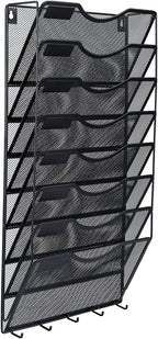 EasyPAG 8 Pocket Mesh Wall File Organizer with Key Hooks, Hanging Paper Folder Holder with Classify Label, Vertical Wall Mount Mail Organizer for Office Home Classroom, Black