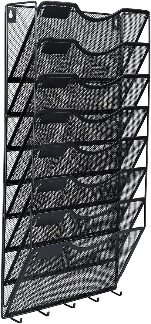 EasyPAG 8 Pocket Mesh Wall File Organizer with Key Hooks, Hanging Paper Folder Holder with Classify Label, Vertical Wall Mount Mail Organizer for Office Home Classroom, Black