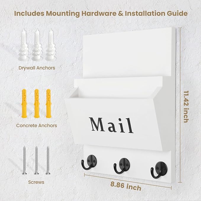 Lucundm Mail and Key Holder - Decorative 8.86" x 11.42" Wall Key Hanger with 2 Mail Organizer Slots and 3 Hooks - Real Paulownia Wood with Keyhole Brackets, Hardware and Instructions (White)