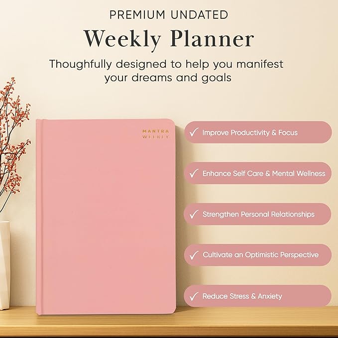 Mantra Planner 2026 Planner, Daily Journal & Gratitude Journal All-In-One with To Do List, Self Care Prompts & Habit Tracker - 7 x 10 - Pink